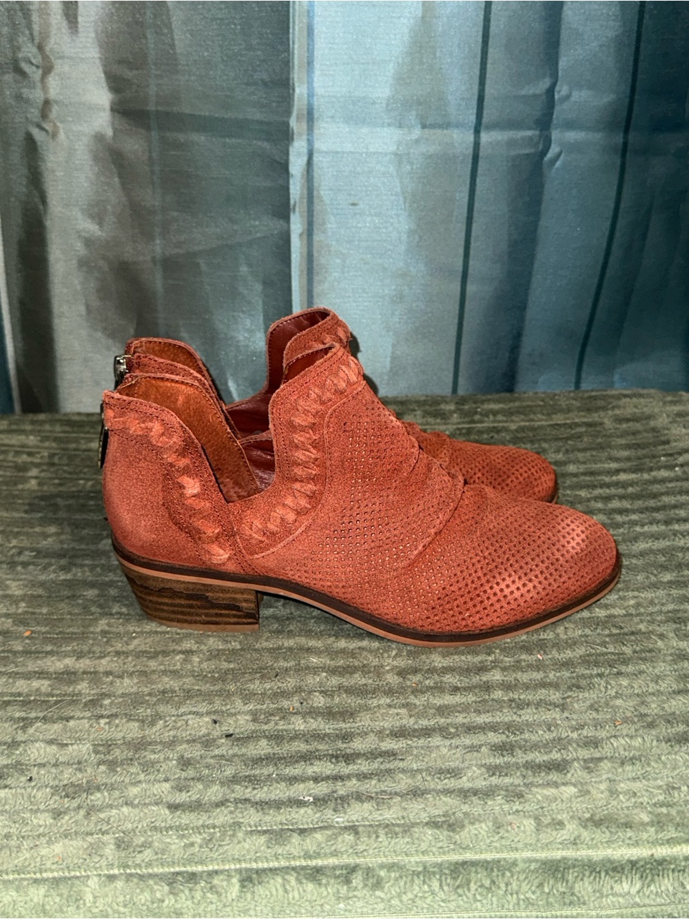 Vince Camuto Rust Suede Perforated Ruffle Ankle Boots